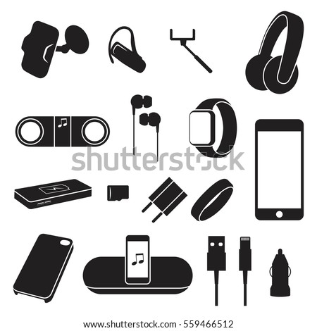 Accessories / objects for mobile phones silhouette icons