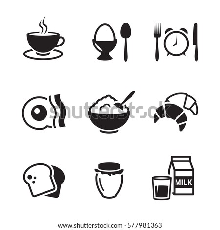 breakfast icons set. Black on a white background