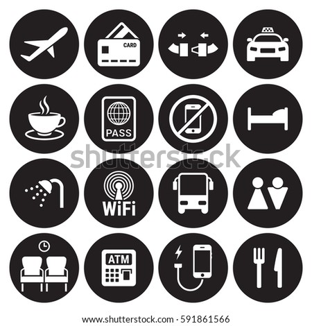 Airport icons set. White on a black background