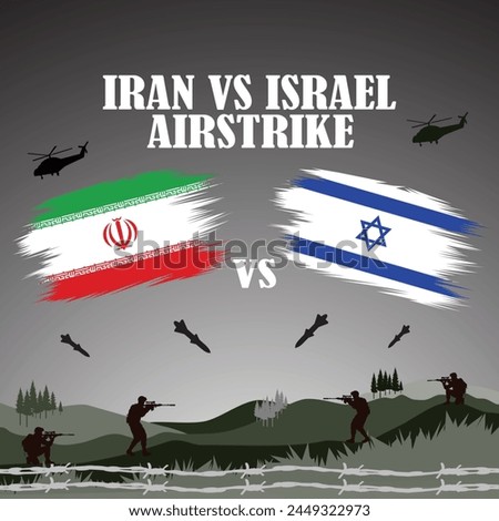 Iran vs Israel war conflict vector graphics illustration template. Israel vs Iran war concept. Silhouette black and white art with army equipment icons. EPS File.