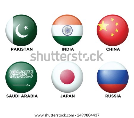 Set of 6 Asian Countries Realistic 3d flags in round shape icons. Asian flags. Vector illustration.