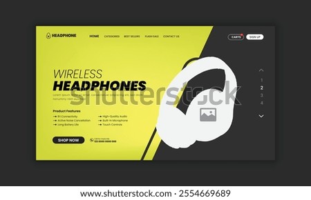 Headphone brand product landing page or Music headphone website home page hero section user interface design template