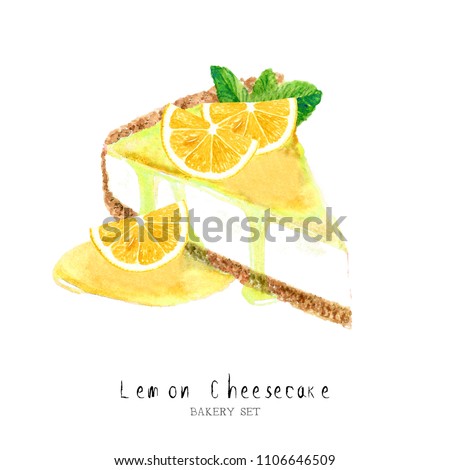 lemon Watercolor cheesecake dessert. Isolated food illustration paint on white background.Watercolor Food Collection hand drawn painting.