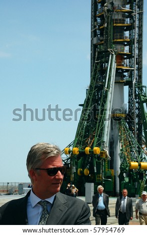 BAIKONUR, KAZAKHSTAN - MAY 27: Crown prince of Belgium Philippe at the launch pad 2.5 hours before the launch of Soyuz spaceship May 27, 2009 at Baikonur cosmodrome, Kazakhstan.