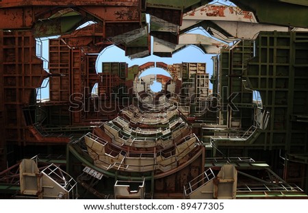 View from below of the interior of the abandoned mobile service tower at Baikonur cosmodome in Kazakhstan for Soviet Energia rocket and Buran shuttle