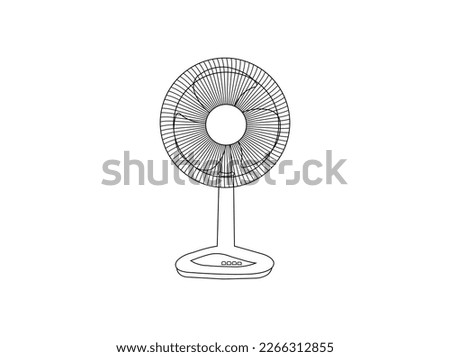 Vector realistic outline fan sketch on a white background.Fan and air circulator. Vector line illustration.Table fan. Outline black simple vector pictogram.