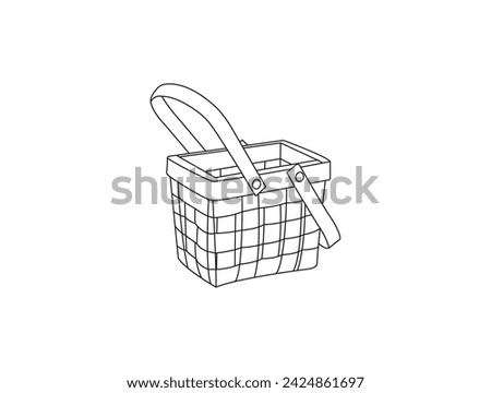 Wicker picnic basket with products icon for web. concept of french culture resting, leisure, retro pad, rural party, vintage pottle, relax. Vector isolated outline drawing. vector on white background.