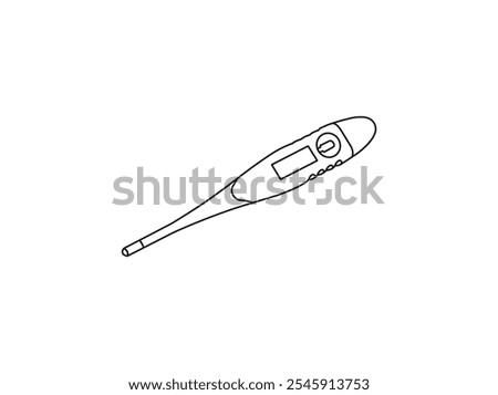 thermometer outline linear vector icon. Digital thermometer, anti snoring clip, hearing amplifier, finger pulse oximeter. Digital thermometer icon isolated on white background.