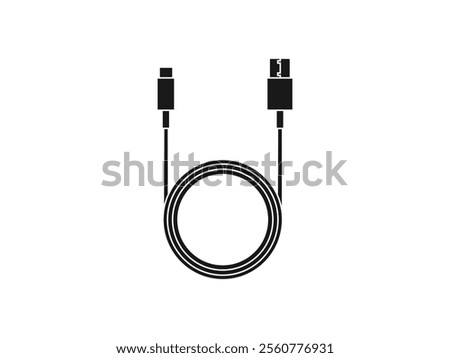 USB Cable, USB Cable Vector Art Illustration. Looping cable with USB and Micro-USB connectors icon. Long USB cable wire cord round shape. Vector silhouette.