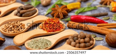 Similar – Image, Stock Photo Various spices on gray background