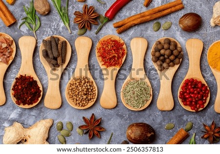 Similar – Image, Stock Photo Various spices on gray background