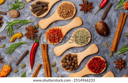 Similar – Image, Stock Photo Various spices on gray background