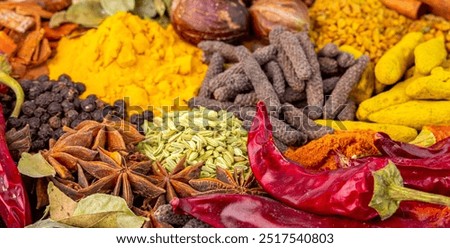 Similar – Image, Stock Photo Set of various turmeric roots on a marble table. Concept of natural medicine and homeopathy