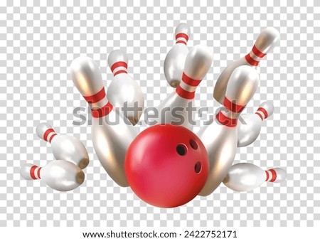 Realistic bawling ball with pins on transparent background