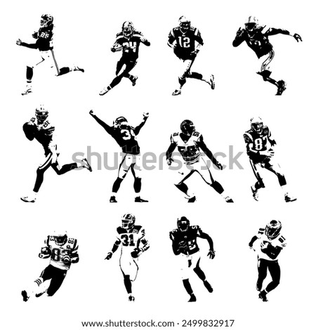 American football player collection isolated on white background. Set of american footbal players on white background. American football player silhouette collection