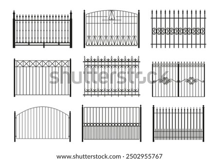 Iron fence collection isolated on white background. Iron fences set. Different iron fences