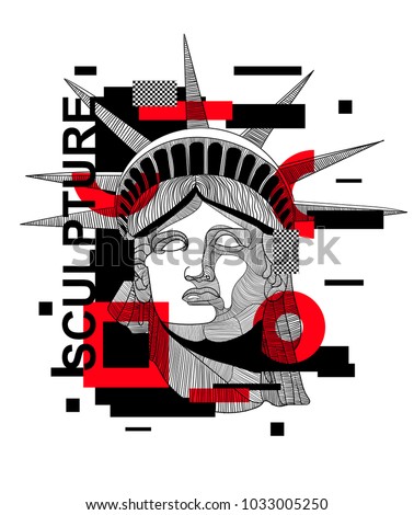 Modern sculpture / Glitch / Geometry. T-Shirt Design & Printing, clothes, beachwear. Vector illustration hand drawn. The Statue of Liberty