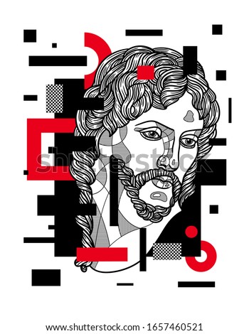 Feb. 27, 2020. The Risen Christ sculpture. Vector illustration hand drawn. Glitch red modern style.