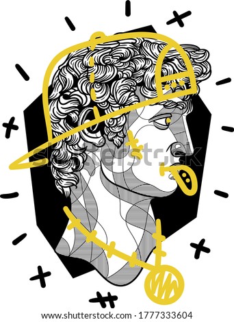 July 16, 2020: Crazy yellow vector illustration hand drawn. David sculpture, with the hat on and show tongue.