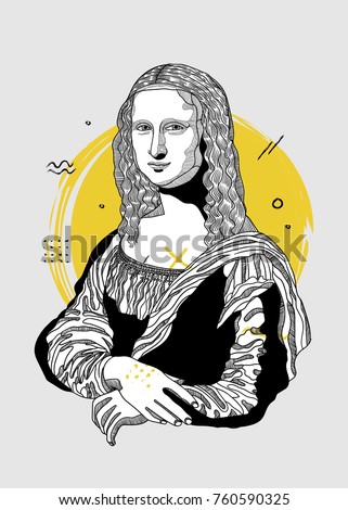 Creative modern painting. T-Shirt Design & Printing, clothes, bags, posters, invitations, cards, leaflets etc. Vector illustration hand drawn. Mona Lisa - Gioconda by Leonardo da Vinci 