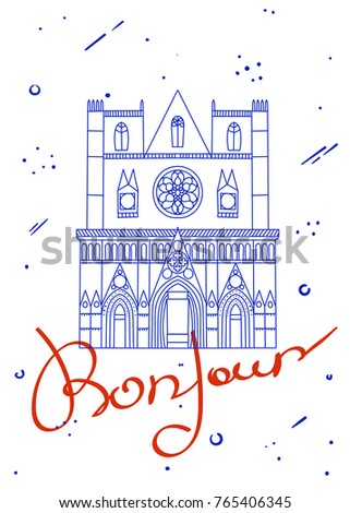 France landmark in brand france flag color. Modern creative design card. Vector illustration hand drawn. Cathedral Saint Jean Baptiste