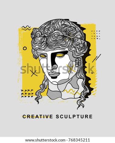 Creative modern classical Sculpture. T-Shirt Design & Printing, clothes, bags, posters, invitations, cards, leaflets etc. Vector illustration hand drawn. Dionysus