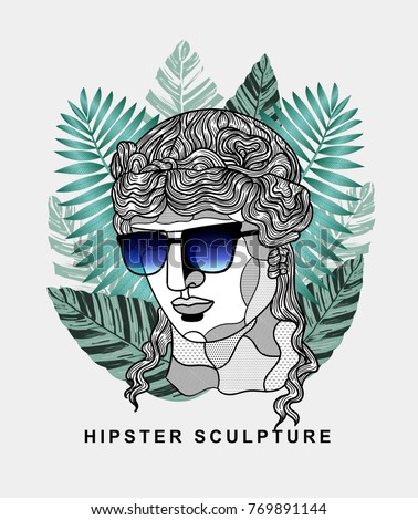 Hipster classical Sculpture. Dionysus with glasses. Summer style - palm leaf. T-Shirt Design & Printing, clothes, beachwear. Vector illustration hand drawn.