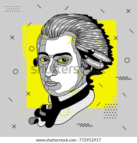 Creative modern portrait of composer and musician Wolfgang Amadeus Mozart. T-Shirt Design & Printing, clothes, bags, posters, invitations, cards, leaflets etc.  Vector illustration hand drawn. 