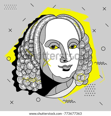 Creative modern portrait of composer and musician Antonio Lucio Vivaldi. T-Shirt Design & Printing, clothes, bags, posters, invitations, cards, leaflets etc. Vector illustration hand drawn.