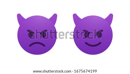 Evil and cunning devil emoji vector icon. Angry emoticon with horns. Smile sticker.