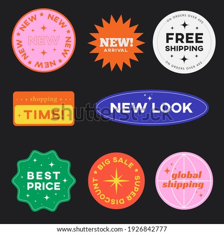 Set of Shopping Stickers Retro Design. Cute Sale label badges. Trendy Free Shipping, New Look, Big Sale, Best Price Banners Pack. Vector Illustration.
