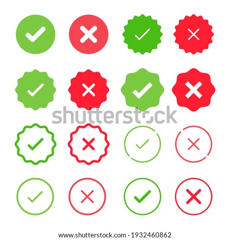 Set of Check Mark Icons. Tick and Cross Vector Signs. Yes and No labels. Approved and Rejected emblems.