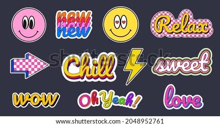 Set of Various Patches, pins, stickers. Abstract funny cute comic badges. Different Phrases and words. Trendy Vector illustrations. Cartoon style. Cool lettering.