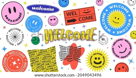 Welcome Abstract Hipster Cool Trendy Background With Retro Stickers Vector Design. Acid patches.
