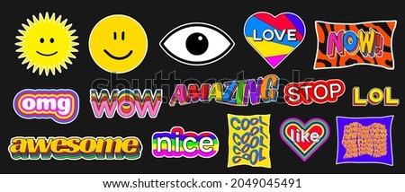 Set of trendy colorful stickers. Modern acid patches vector design. Cool badges.
