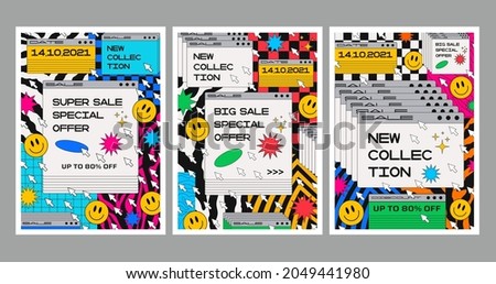 Set of Sale Promo Trendy Modern Posters. Retro 90s computer windows artwork. Psychedelic pop art.