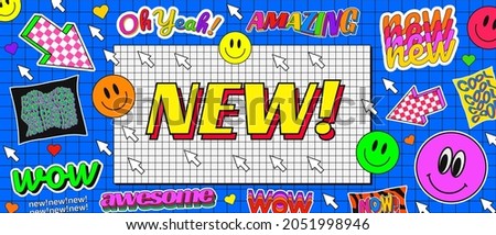 Trendy Abstract Cool Background with Stickers 90s Design. New Collection Arrival Cool Banner. Comic Illustration.