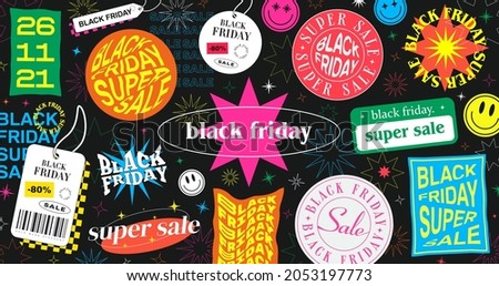 Abstract Trendy Black Friday Cool Illustration with Promo Stickers. Modern Colorful Background with Shapes and Labels Vector Design.