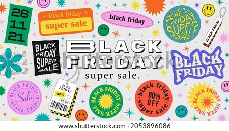 Trendy Black Friday Super Sale Illustration with Cool Stickers.