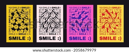 Cool Smile Hippie Poster. Placard with Happy Emoticon Face. 90s aesthetic composition. Acid Psychedelic Illustration.