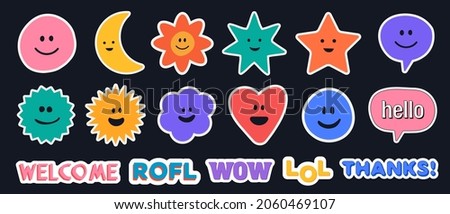 Set of Various Stickers, Pins and Patches. Abstract funny cute emoticon faces collection. Cartoon Vector Illustration. Cool Trendy Phrases.