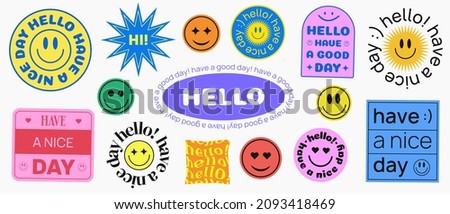 Set of Cool Smile Stickers Vector Design. Hello Have a Nice Day Patches Collection. Foto stock © 