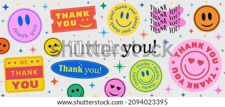 Thank You Abstract Patches Collection. Cool Trendy Smile Happy Stickers Vector Design.