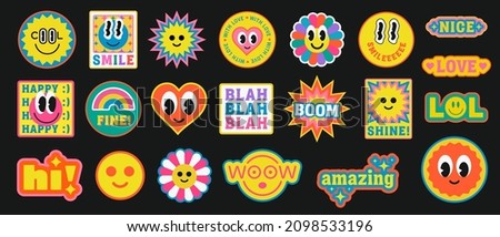 Cool Trendy Retro Smile Positive Stickers Set. Collection of Various Patches with Emoticons and Phrases.