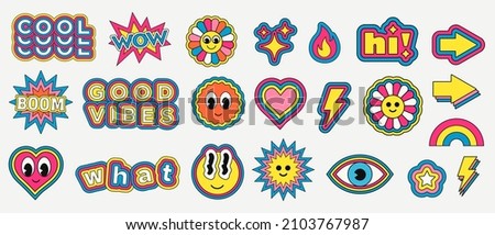 Cool Trendy Retro Stickers Collection. Set of Funny Character Emoticons. Pop Art Elements. 