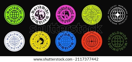 Set Of Worldwide Sticker Badges Vector Design. Cool Global Stickers Graphic.