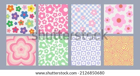 Cool Abstract Groovy Flower Patterns Y2k Style. Trendy Funky Backgrounds.