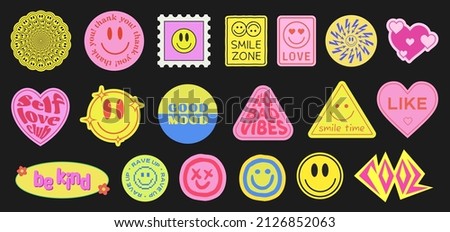 Set Of Cool Retro Stickers Vector Design. Trendy Cute Smile Patches. 