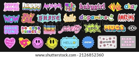 Set of Cool Trendy Stickers with Phrases. Cute Patches Collection Vector Design. 