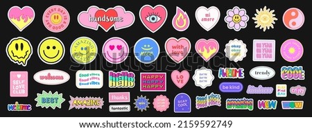 Pop Art Sticker Pack. Collections Of Cute Emoji Smile Badges. Set Of Cool Trendy Patches. Stockfoto © 